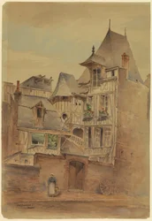 Tegning, Gadescene med middelalderhuse, ca. 1885