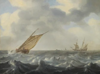 En fiskekutter og en to-master i oprørt hav nær en kyst