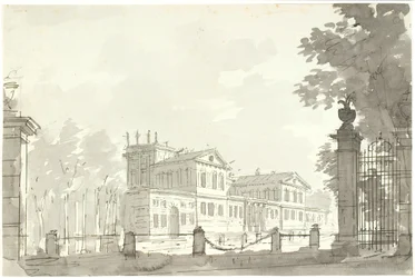 Palads i indhegnet park, t.h. en gitterlåge