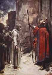 Barfodet, iklædt en hårskjorte, dukkede Henry op foran portene og tryglede om adgang, illustration fra 
