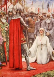 Kong Edward så ned i dronning Philippas bedende øjne (farve litho)