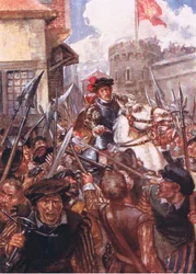 Han satte sig på sin hest og red stille og roligt til den røde port, illustration fra Romance of History: The Netherlands, 1920