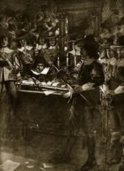 Strafford afleverer sit sværd i Underhuset, illustration fra Hutchinsons »Story of the British Nation«, ca. 1920