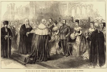 Det kongelige besøg i byen, præsentation af talen til prinsen og prinsessen af Wales i Guildhall