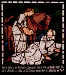 Tristans fødsel, fra "The Story of Tristan and Isolde", William Morris und Co. (glasmaleri)