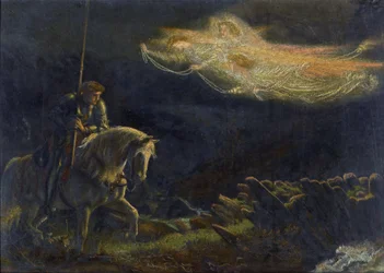 Sir Galahad. La Quete du Saint Graal Sir Galahad. The Quest for the Holy Grail af Arthur Hughes (1832-1915) - Olie på træ, 30,5x43 - Privat samling