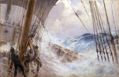 Manøvrer for at sænke sejlet fra stormasten i stormen. Olie på lærred