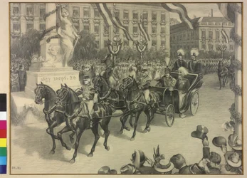Kejser Wilhelm II og kejser Franz Joseph I i bevægelse i Budapest 1897 (blyantstegning)