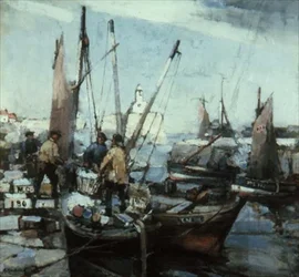 Havnescene (olie på lærred)