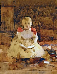 A Young Boy Reading (akvarel og blyant på papir)