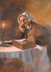 Portræt af en gammel kvinde, der læser Bibelen ved levende lys, 1896