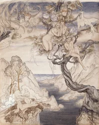 A Fairy Song, tegnet til akt II, scene ii, fra A Midsummer Nights Dream (pen og blæk & wc på papir)