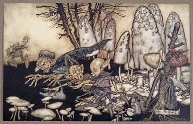 En flok arbejdere, der savede en paddehat, skyndte sig væk og efterlod deres værktøj bag sig, fra Peter Pan i Kensington Gardens af J M Barrie (1860 - 1937), pub. 1906