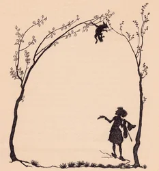 En ræv bundet med sine poter til to hasseltræer. Illustration af Arthur Rackham fra Grimm