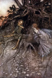 Akt II, Scene I Puck & en fe; Puck indrømmer, at han er "" nattens glade vandrer." Illustration af Arthur RACKHAM (1867-1939) til Drømmen om en sommernat af William SHAKESPEARE