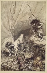 Albrecht driver en flok nibelunger med guld- og sølvskatte frem, fra 