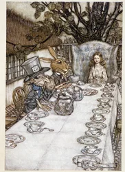 Alice tager "" i fjolserne""" (Hattemageren og Mars Lievre) - i "" Alice i Eventyrlands eventyr""", Lewis Carroll, ill. af Arthur Rackham (1867-1939)