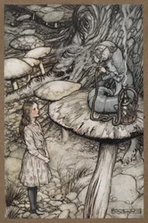 Alice taler med Larven, som sidder på en svamp og ryger pibe
