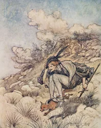 Væk fløj de over stokke og sten, i et sådant tempo, at hans hår fløjtede i vinden, fra Brødrene Grimms eventyr, pub. 1909