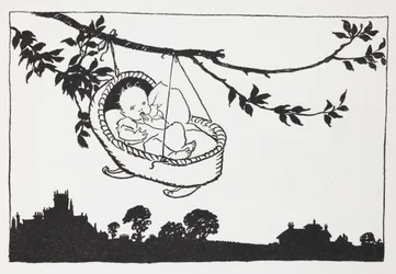 Baby i en tremmeseng hængende fra en gren.