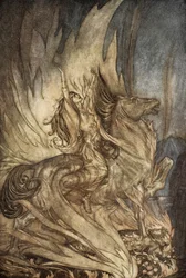 Brunnhilde på Grane springer videre til Siegfrieds begravelsesbål, illustration fra 