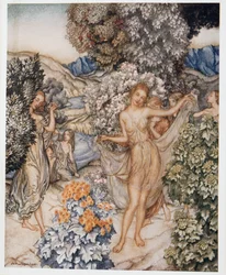 Kom, temperer nymfer, og vær med til at fejre en kontrakt om ægte kærlighed, illustration fra William Shakespeares The Tempest, pub. 1926
