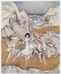 Kom til disse gule sand-illustrationer fra William Shakespeares The Tempest, pub. 1926