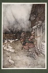 Selv den dag i dag hører de aldrig et tordenvejr om Kaatskillen, men de siger, at Hendrick Hudson og hans besætning er ved at spille nipins., fra Rip Van Winkle af Washington Irving, pub. 1910 (farv
