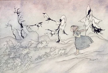 Gerda er rædselsslagen af snedronningens forvagt, men hun sagde Fadervor og bliver reddet af små klare engle, illustration fra Snedronningen af HC Andersen, udgivet 1932 (wc & i)