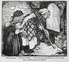 Grete og den gamle heks ved ovnen fra Hansel og Grethel.
