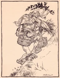Han stønnede konstant og besteg bjerget. Illustration af Arthur Rackham fra Grimms eventyr, Gåsepigen ved brønden.