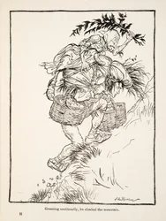 Han stønnede konstant og besteg bjerget fra Little Brother & Little Sister and Other Tales af brødrene Grimm, pub.1917 (litho)