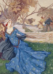 Guinevere reddet af La Cote Male Taile, illustration fra A Collection of Stories from Old Fairy Tales: Grimm, Andersen and Stories of King Arthur, udgivet 1905 (kropsfarve på papir)