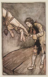 Gulliver kysser dronningen af Brobdingnag som hånd, fra Gullivers rejser af Jonathan Swift (1667 - 1745), pub. 1909