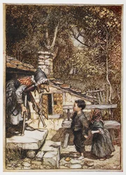 Hans og Grethel ved den gamle kvindes hus.