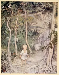 Mens han stirrede på en hest, der stirrede tilbage, tænkte han måske: »En dreng kan ikke logre med halen for at holde fluerne væk«, illustration fra »Irish Fairy Tales« af James Stephens, 1920
