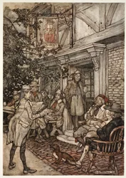 Han plejede at trøste sig selv ved at besøge en slags evig klub af vismænd, filosoffer og andre ledige personer, som holdt sine sessioner foran en lille kro., fra Rip Van Winkle af Washington