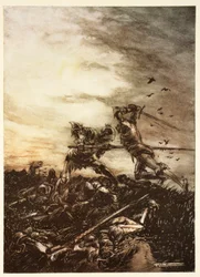 Hvordan Mordred blev dræbt af Arthur, og hvordan Arthur blev såret til døden af ham, illustration fra Alfred Pollards 