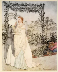 Hvordan Tristram blev kendt af den lille brachet i haven på kong Marks slot, illustration fra "The romance of King Arthur and his ridders of the Round Table" af Alfred W. Pollard, 1910 (farve l