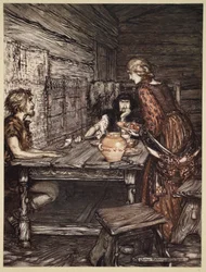 Hunding opdager ligheden mellem Siegmund og Sieglunde, illustration fra "Rhinegold og Valkyrien", 1910