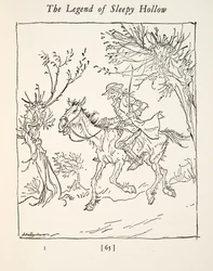 Ichabod Crane flygter fra den hovedløse rytter, fra The Legend of Sleepy Hollow af Washington Irving (1783 - 1859), pub. 1928
