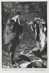 Illustration fra Jorinda og Joringel af Zachiel og den gamle kvinde.