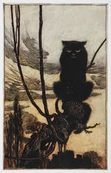 Illustration fra Jorinde og Joringel af en sort kat.