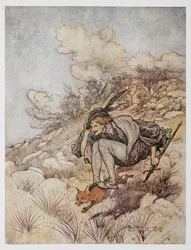 Illustration fra Den gyldne fugl. En prins rider på en ræv.
