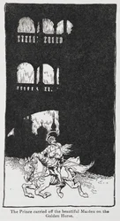 Illustration fra Den gyldne fugl, når prinsen bærer jomfruen af sted til hest.