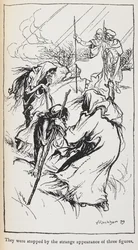 Illustration af de tre hekse, Macbeth og Banquo.