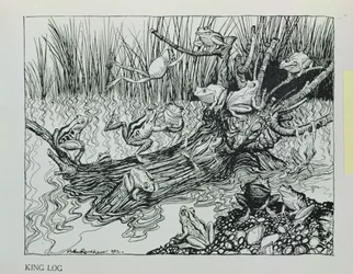 Kong Log, illustration fra "Æsops fabler", udgivet af Heinemann, 1912