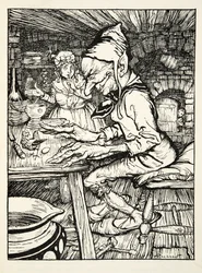 Læg!", brølede kæmpen, og straks lagde hønen et æg af massivt guld, fra The Arthur Rackham Fairy Book, pub. 1933