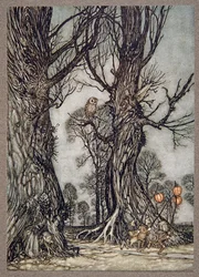 Linkmænd, der løber foran med vinterkirsebær, fra Peter Pan i Kensington Gardens af J M Barrie (1860 - 1937), pub. 1906