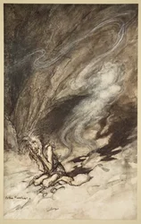 Mime vrider sig under de piskeslag, han får, illustration fra 